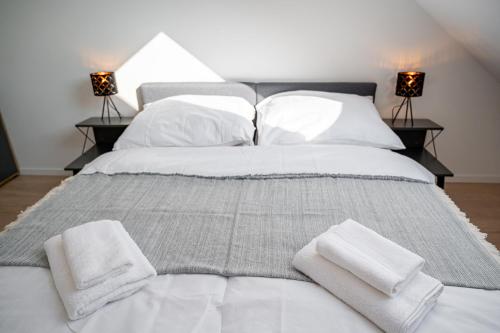 Ένα ή περισσότερα κρεβάτια σε δωμάτιο στο New Cozy Apartment in Heart of Bratislava FREE GARAGE PARKING