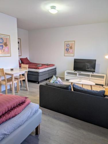 a living room with a couch and a tv at Cozy apartment in Kemi City in Kemi