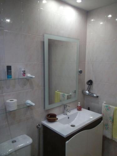 a bathroom with a sink and a mirror and a toilet at Apartamento Valados in Ponta Delgada