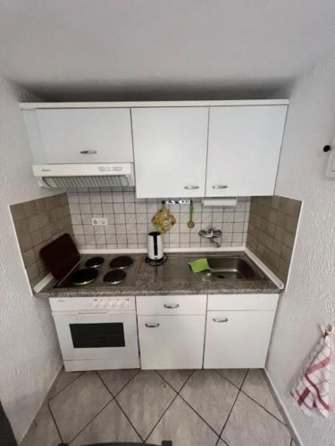 a small kitchen with white cabinets and a sink at Apartment Ani in Supetarska Draga