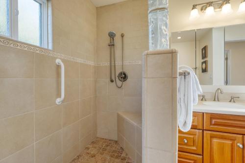 a bathroom with a shower and a sink at Goleta Getaway by AvantStay Private Backyard 1.5mi to the Beach in Santa Barbara