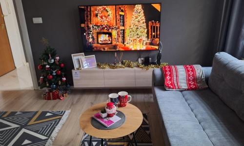 - un salon avec un canapé et un arbre de Noël dans l'établissement Apartman Orhideja with Free parking, à Sarajevo
