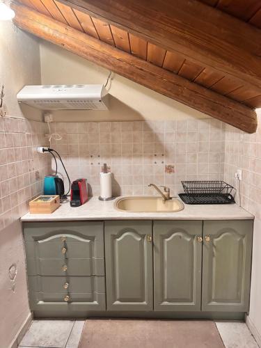 a green kitchen with a sink and a counter at Pandoras House Arachova in Arachova