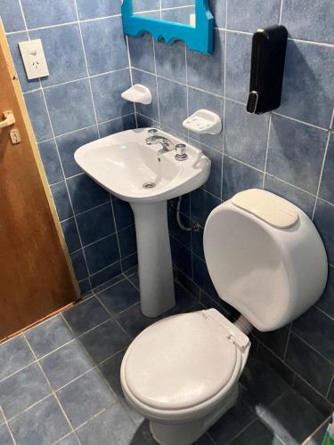 a bathroom with a toilet and a sink at Laguna de los cisnes II in Perito Moreno