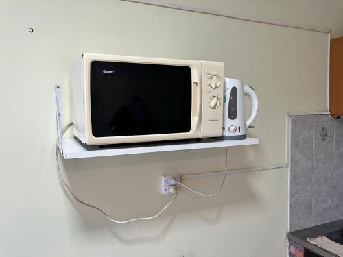 a microwave sitting on a shelf on a wall at Laguna de los cisnes II in Perito Moreno