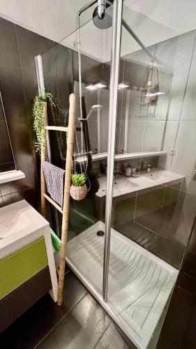 une porte de douche en verre dans une cuisine avec des plantes dans l'établissement L'AIXCAPADE studio cosy centre historique, à Aix-en-Provence