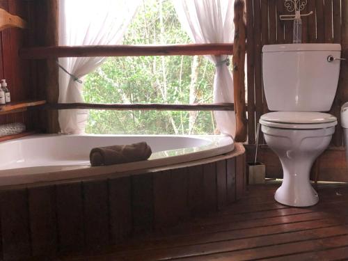 a bathroom with a toilet and a tub with a window at Teniqua Treetops in Sedgefield