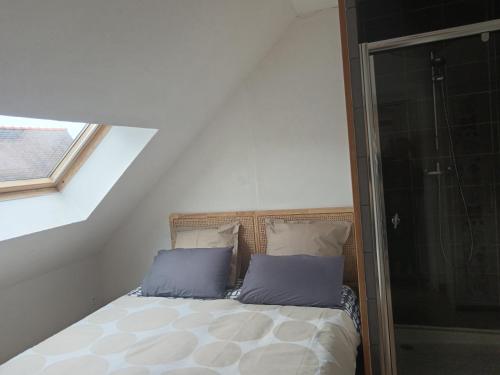 a bedroom with a bed with two blue pillows at Gite L'escale in Pouldreuzic