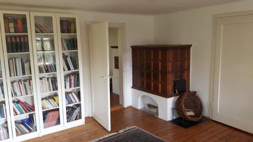 a room with a fireplace and book shelves with books at Ferienhaus Mesnerhaus Steuerberg in Feldkirchen in Kärnten