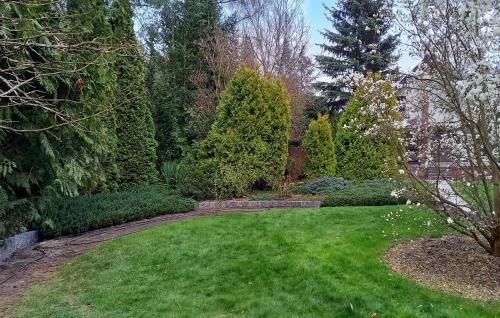 a garden with a green lawn and trees and bushes at 2 Bedroom Awesome Home In Gorzkie Pole in Wronczyn