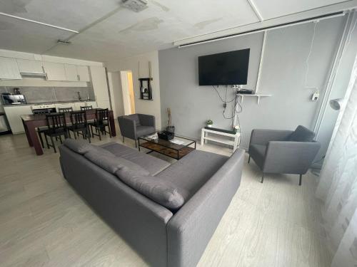 un salon avec un canapé et une télévision dans l'établissement Résidence Relaxante Jacuzzi - 041, à Rouen