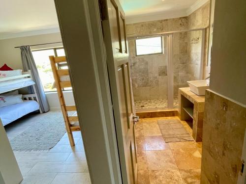 a bathroom with a walk in shower and a sink at Bird's View Guest Accommodation in Hermanus