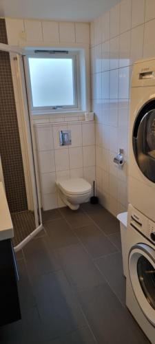a small bathroom with a toilet and a window at Sokkelleilighet på Kolnes in Tananger