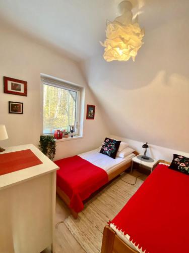 a bedroom with two beds and a chandelier at Klimatyczny Dom z widokiem na Babią Górę in Maków Podhalański