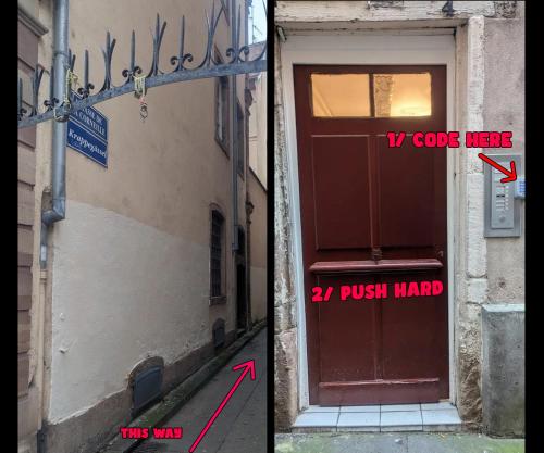 two pictures of a door with the words v code nerd and akh push market at La Nuée Bleue in Strasbourg