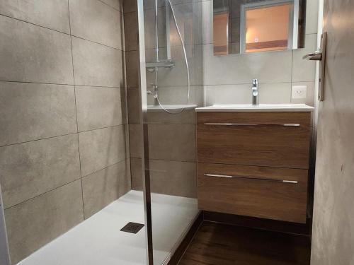 une salle de bain avec douche et lavabo dans l'établissement Charmant T2 pour 4 pers avec coin montagne, ski aux pieds, proche centre, WiFi inclus, Avoriaz - FR-1-633-61, à Morzine