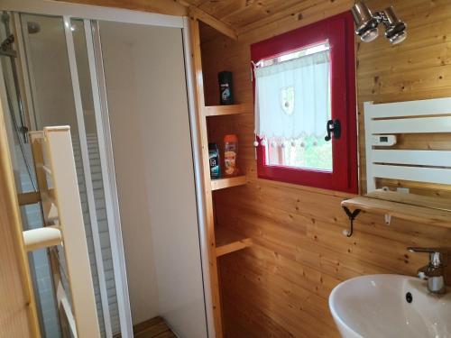 a bathroom with a sink and a window at Roulotte atypique calme au milieu de la verdure in Chazey-sur-Ain