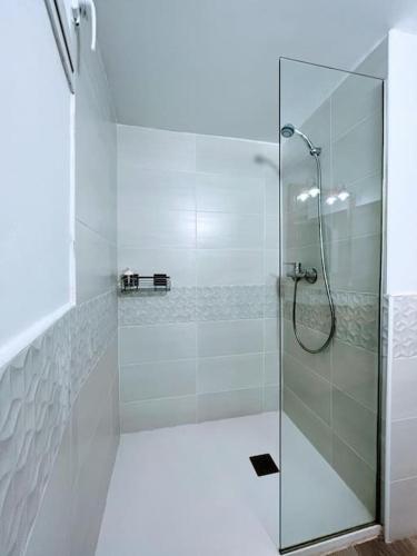 a shower with a glass door in a bathroom at Casa Mary independiente céntrica con terraza cubierta in Porriño