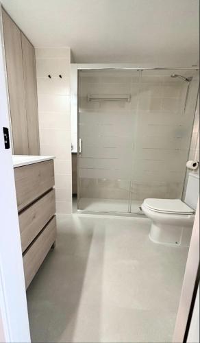 a bathroom with a toilet and a walk in shower at CHECK-IN CASAS Casa Benas in Benasque