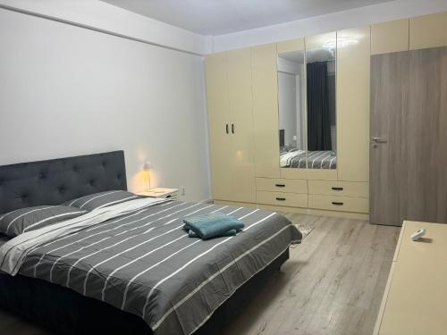 クラヨーヴァにあるAdela Luxury Houseのベッドルーム1室(大型ベッド1台、青い枕付)