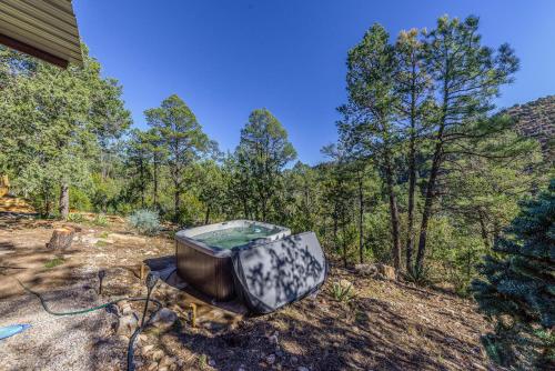 a tv sitting on the ground in the woods at Mountain-View Cabin with Hot Tub in Ruidoso! in Ruidoso