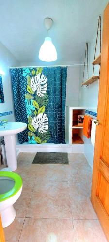 a bathroom with a toilet and a shower curtain at cozy House with Secret Garden & Spa private in Fortuna