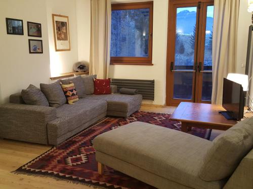 a living room with a couch and a coffee table at Aqua Apartments Spa Housemuhlbach in Sappada