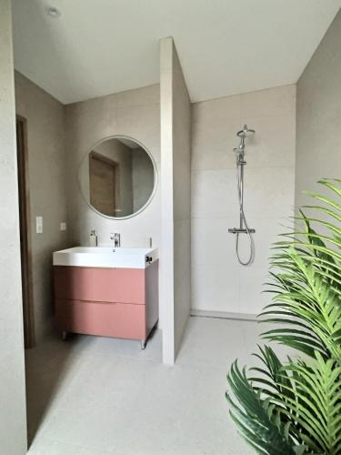 une salle de bain avec un lavabo et un miroir dans l'établissement Le Baule D'air, à La Baule