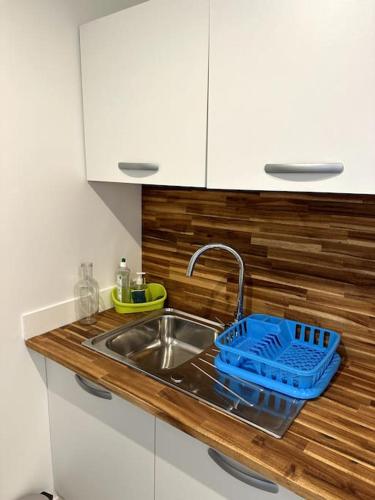 un comptoir de cuisine avec un évier et un panier bleu dans l'établissement Drancy, spacieux hébergement, à Drancy