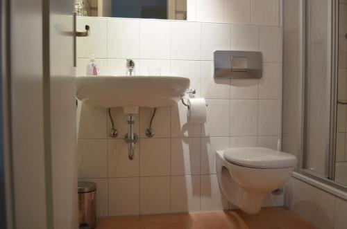 a bathroom with a sink and a toilet at Alte Post - Hotel Am Rhein-Ufer Laufenburg in Laufenburg