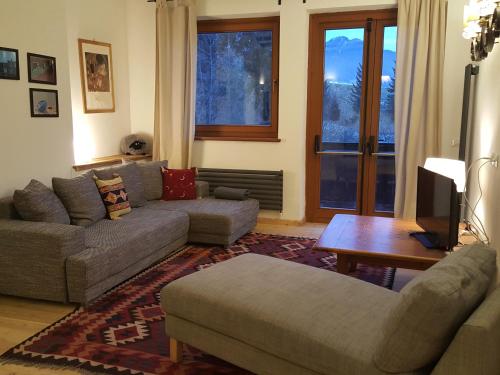 a living room with a couch and a table at Aqua Apartments Spa Housemuhlbach in Sappada