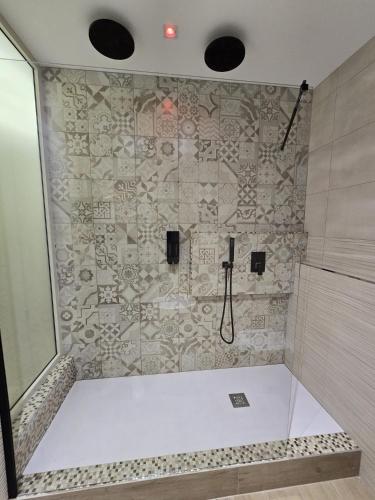 a bathroom with a shower with a tile wall at Elite Apartment SPA in Catania