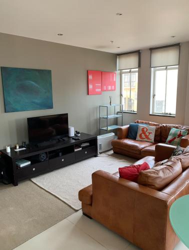 a living room with couches and a flat screen tv at Outstanding Central Lambton Quay Apartment in Wellington