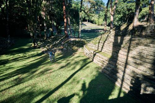 a person riding a bike in the grass near a fence at Turtle Inn by Francis Ford Coppola in Placencia Village