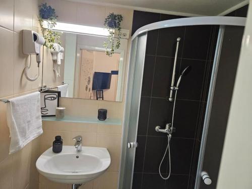 a small bathroom with a sink and a shower at Old city life in Maribor