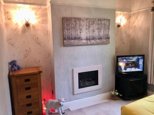 a bedroom with a fireplace and a tv and a stuffed animal at Cheerful 2 bedroom town house in Lancashire in Chorley