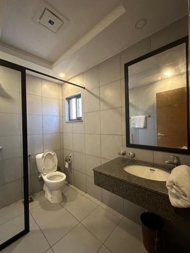 a bathroom with a toilet and a sink and a mirror at *Designer’s Luxurious 1BHK at Top Location of Twin Cities!! in Rawalpindi