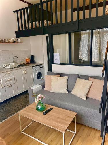 un salon avec un canapé et une table dans l'établissement Appartement Cosy 4 personnes, à Écharcon