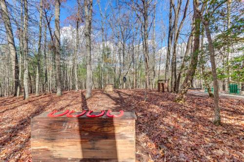a pair of red shoes sitting on a box in the woods at Hot Tub and Games Ridgetop Cabin in Blue Ridge! in Blue Ridge