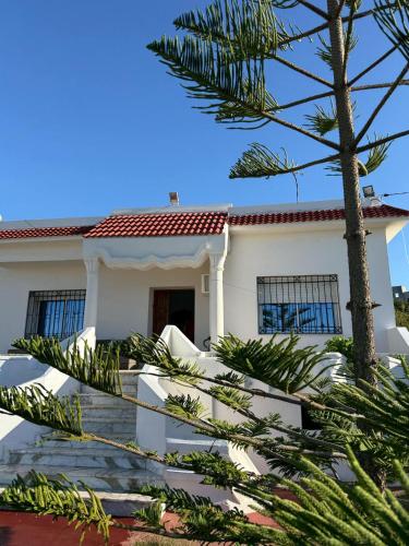 a white house with a palm tree in front of it at Villa Jade in Al Matlīn