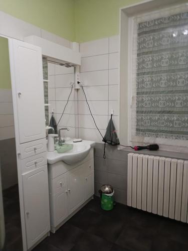 une salle de bain blanche avec un lavabo et une fenêtre dans l'établissement Maison Aussillon tarn, à Aussillon