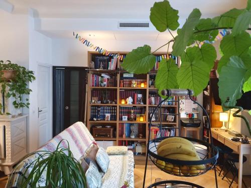 a living room with a book shelf filled with books at Wonderful heart of Nice in Nice