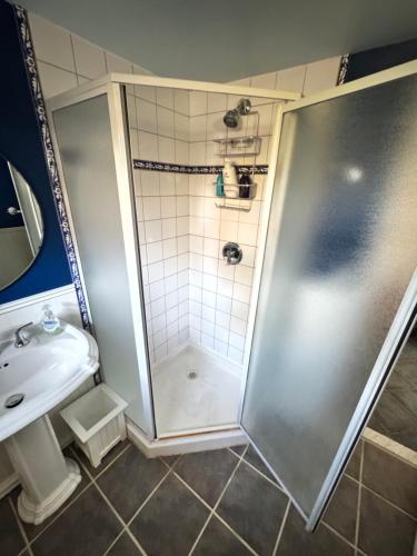 a bathroom with a shower and a sink at Panoramic Lakeview Suite Ultimate Comfort and Serenity in Watchung