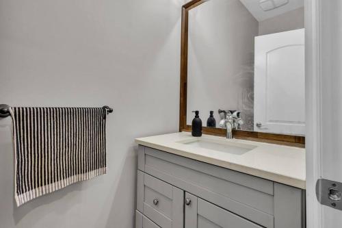 a bathroom with a sink and a mirror at Private Farmhouse Getaway with hot tub in Waterloo