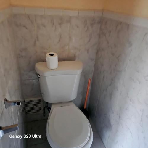 a toilet with a roll of toilet paper on top of it at Divine Villa & Resorts Guest House - 283 Lehigh Ave in Newark