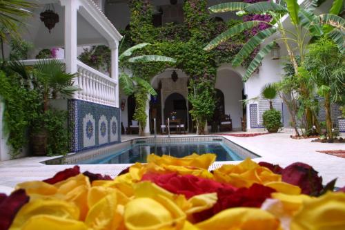 - un tas de fleurs devant la piscine dans l'établissement Riad Dar El Assafir, à Marrakech