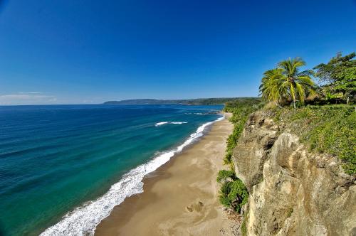 a beach with palm trees on the side of a cliff at Tango Mar Beachfront Boutique Hotel & Villas in Tambor