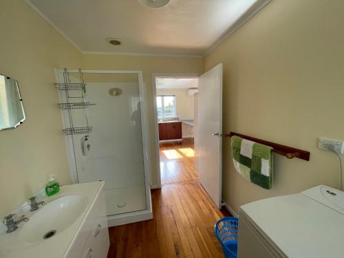 a bathroom with a sink and a shower in it at Relaxing Raglan & the Boat House in Raglan