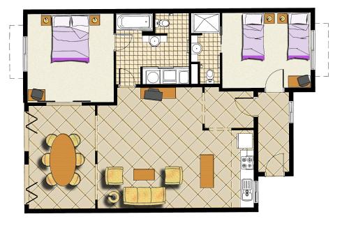 a floor plan of a bedroom and a bathroom at Mango Lagoon Resort & Wellness Spa in Palm Cove