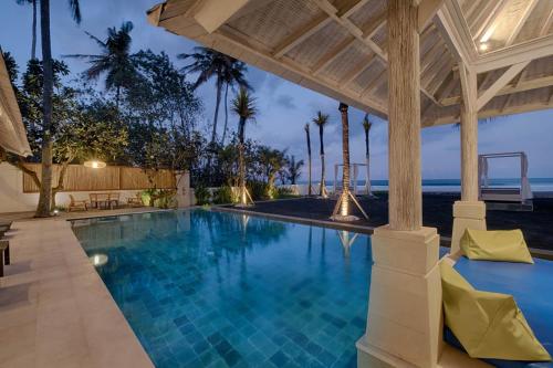 an infinity pool with palm trees and the ocean at Saba Villa by Sanga Sanga Hospitality in Saba